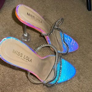 Miss Lola Iridescent Blue Heels with Rhinestone Straps